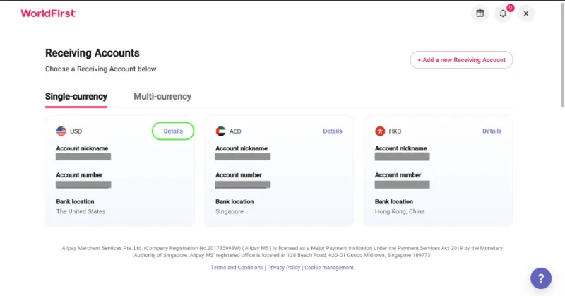 Confirm that the account name, currency and transfer instructions match the World Account details