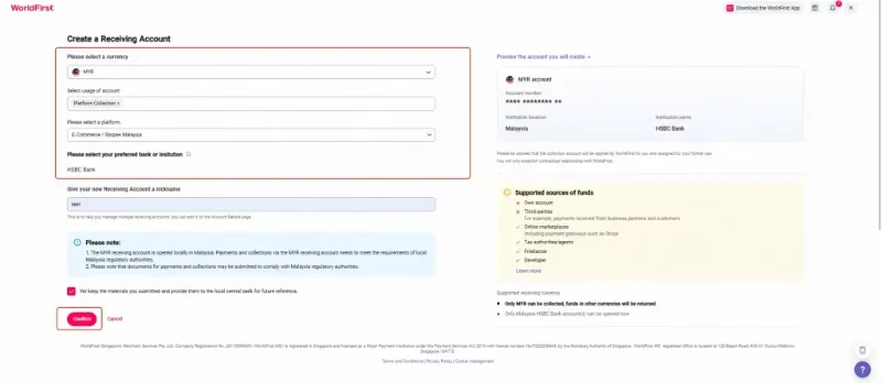 Set up a receiving account in your World Account