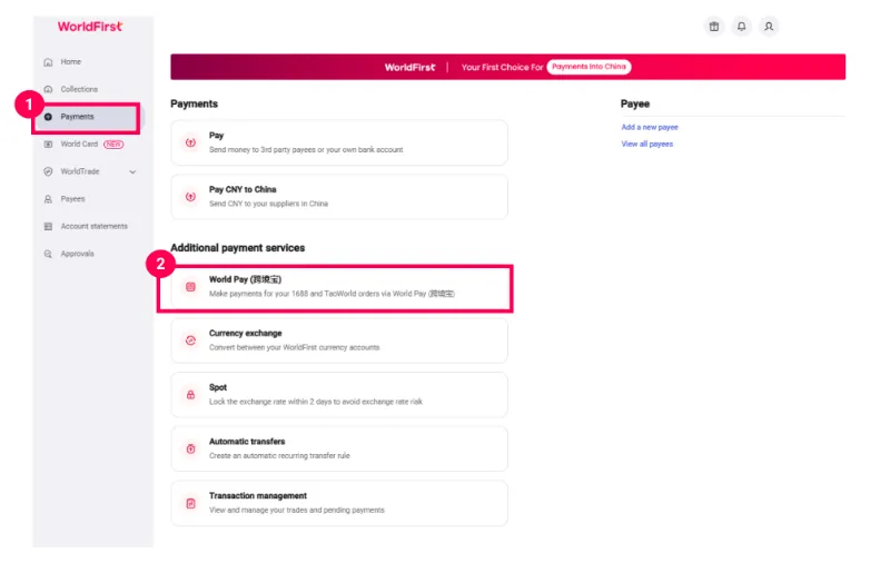 To make purchases on 1688.com with your WorldFirst balance, go to “Payments” > “World Pay.”