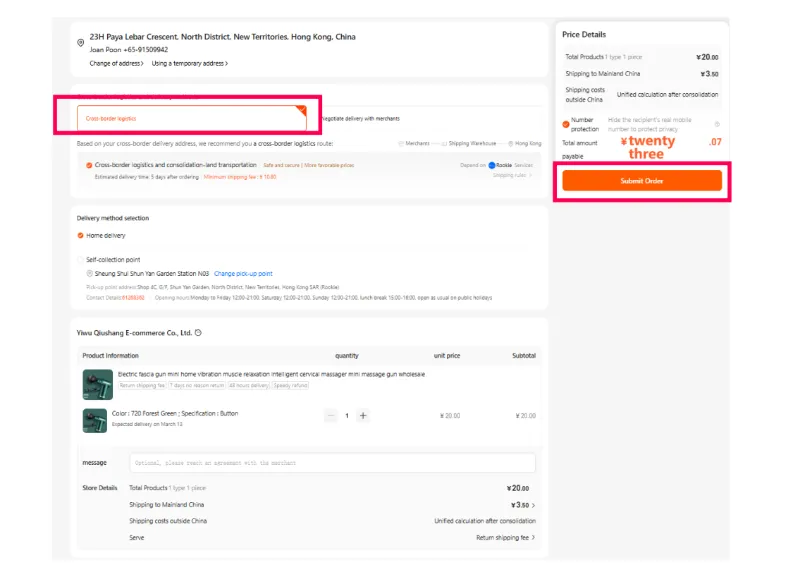 On the checkout page, check custom border logistics and click on custom order