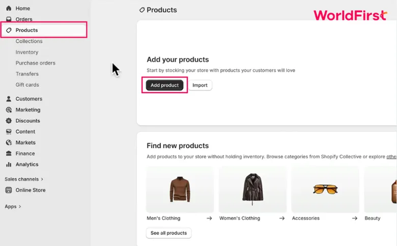 Chọn Add product để thêm sản phẩm vào cửa hàng
