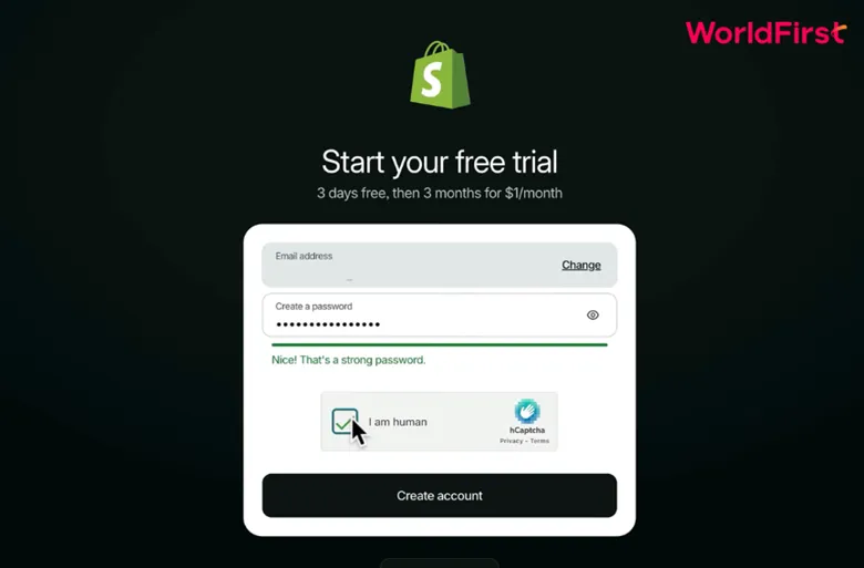 Nhập địa chỉ email và mật khẩu để bắt đầu đăng ký tài khoản Shopify