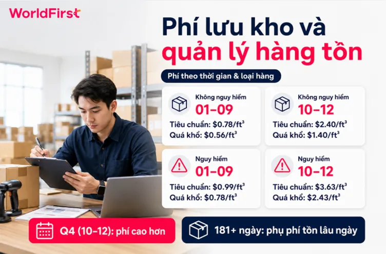 Phí lưu kho Amazon được tính dựa trên loại hàng, kích thước và thời điểm trong năm