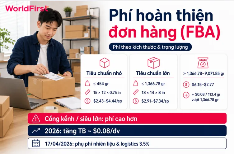 Phí hoàn thiện đơn hàng FBA tính theo kích thước đóng gói và trọng lượng vận chuyển