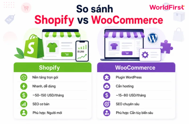 Shopify vs WooCommerce khác nhau ở mô hình, cách thiết lập, vận hành và chi phí