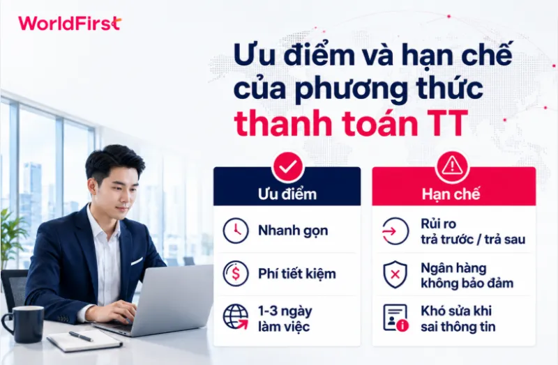 Thanh toán TT thủ tục nhanh, chi phí thấp nhưng rủi ro thiếu đảm bảo từ ngân hàng