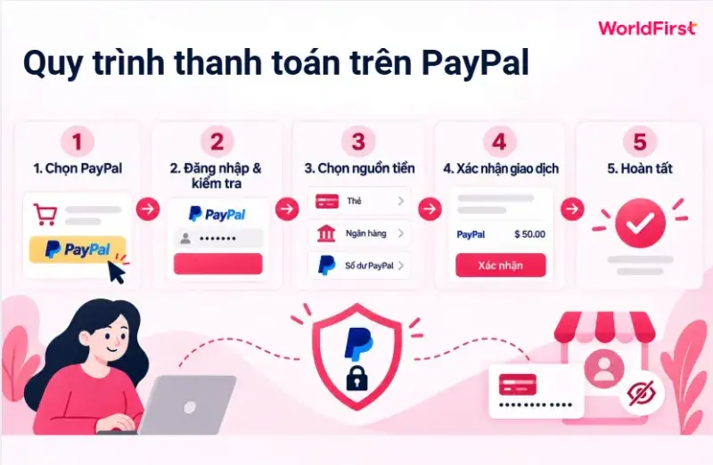 Quy trình thanh toán trên PayPal diễn ra qua 5 bước từ chọn thanh toán đến hoàn tất giao dịch