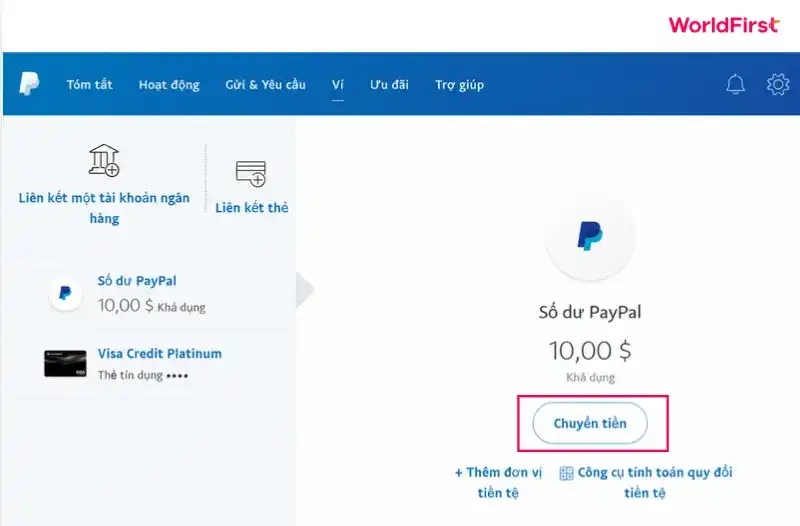 Chọn mục chuyển tiền để bắt đầu khởi tạo lệnh rút trên PayPal