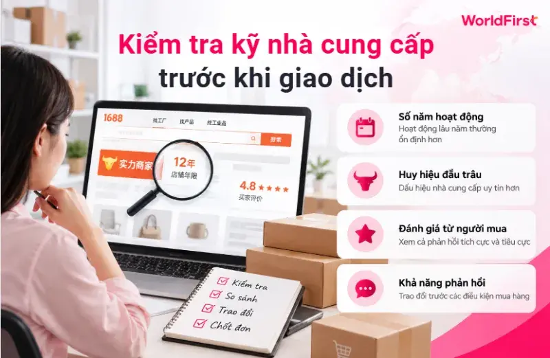 Đánh giá độ uy tín nhà cung cấp qua huy hiệu, số năm hoạt động, đánh giá từ người mua trước