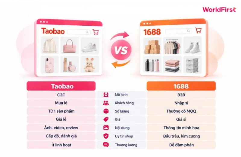 Taobao và 1688 khác nhau mô hình hoạt động, khách hàng mục tiêu, cách đánh giá uy tín cửa hàng