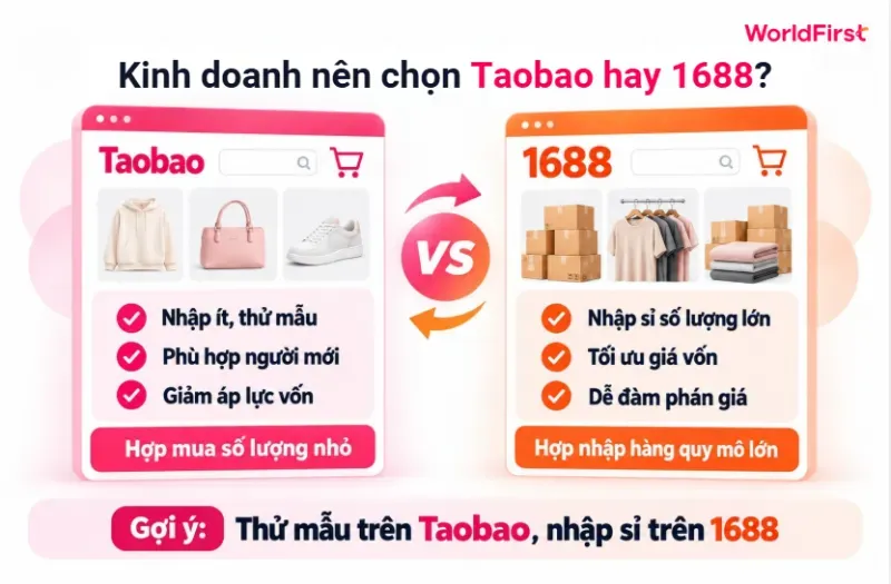 Chọn Taobao nếu muốn nhập ít và thử sản phẩm còn 1688 phù hợp khi nhập số lượng lớn giá sỉ
