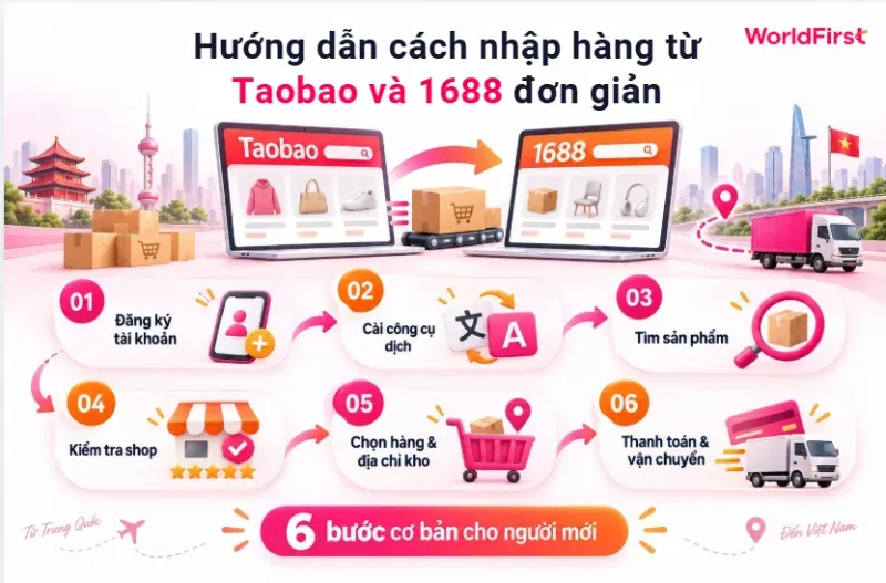 Nhập hàng từ Taobao và 1688 thực hiện theo 6 bước từ đăng ký đến vận chuyển đơn về Việt Nam