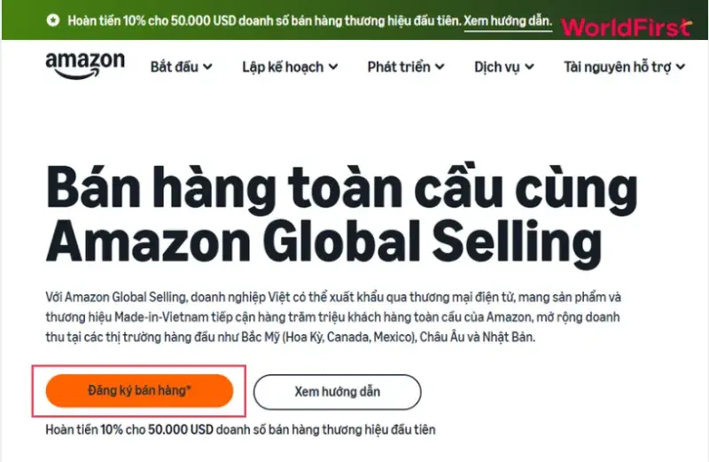 Chọn Đăng ký bán hàng trên website của Amazon để bắt đầu tạo tài khoản nhà bán hàng