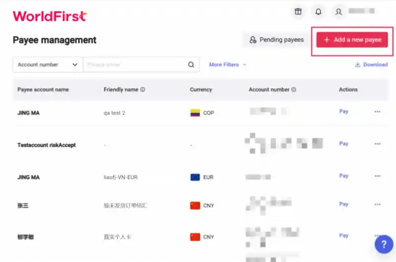 Thêm người nhận mới cho World Account
