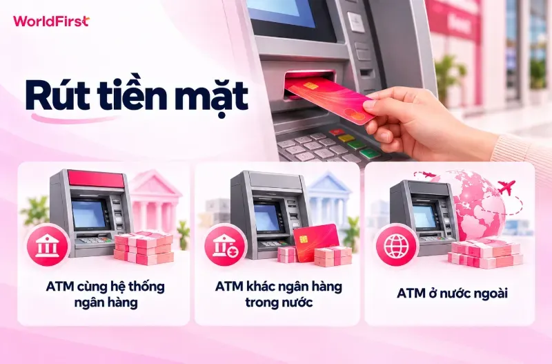 Bạn có thể rút tiền mặt từ thẻ ghi nợ qua ATM cùng hoặc khác hệ thống ngân hàng và cả nước ngoài