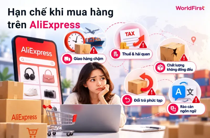 AliExpress có thể gặp sự cố hàng giao chậm, đổi trả phức tạp hoặc rào cản ngôn ngữ