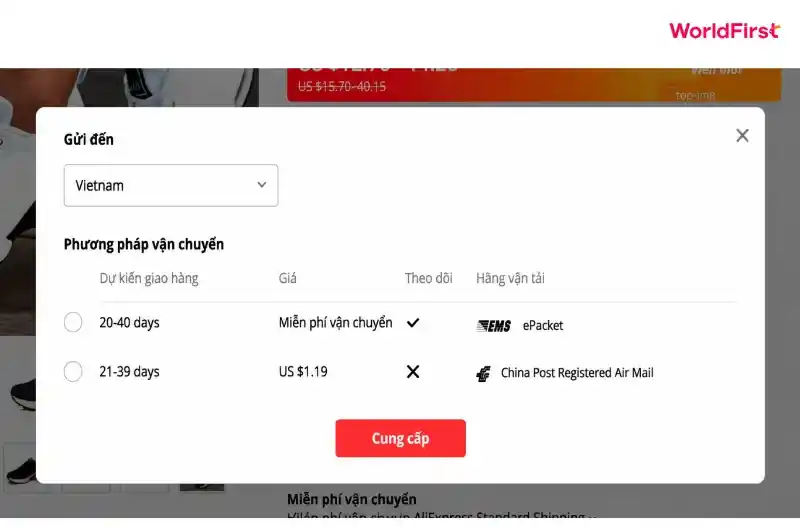 Lựa chọn phương thức vận chuyển được hỗ trợ