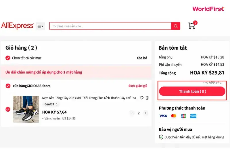 Lựa chọn phương thức thanh toán khả dụng và xác nhận