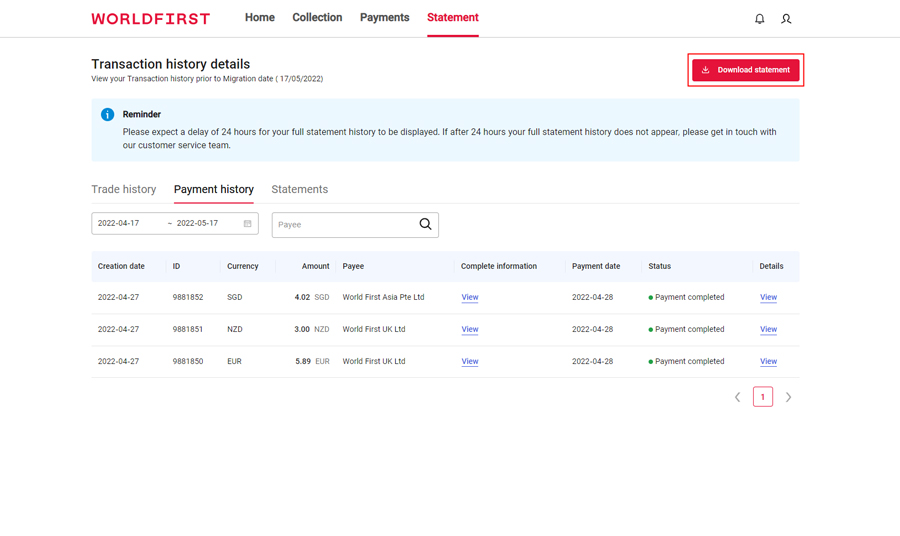 How to view your statement history | WorldFirst AU