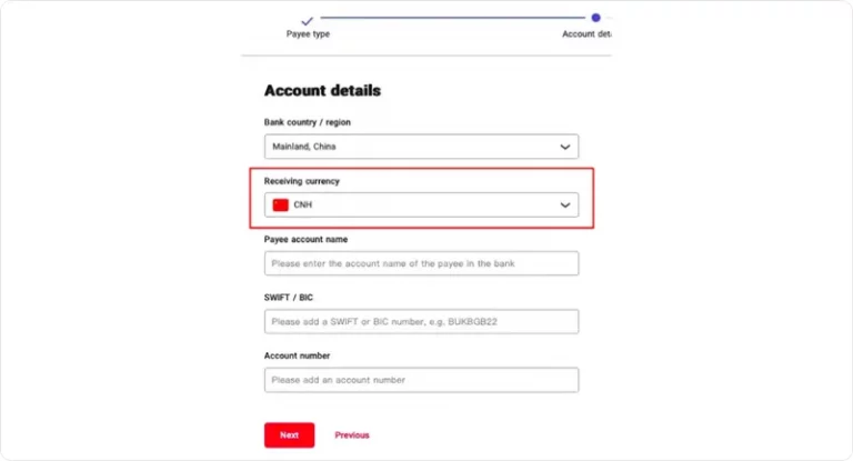 Select CNH as the receiving currency and enter your supplier's account details