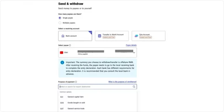 Select your supplier as the payee, choose the purpose of payment, enter the amount and review the quoted FX rate